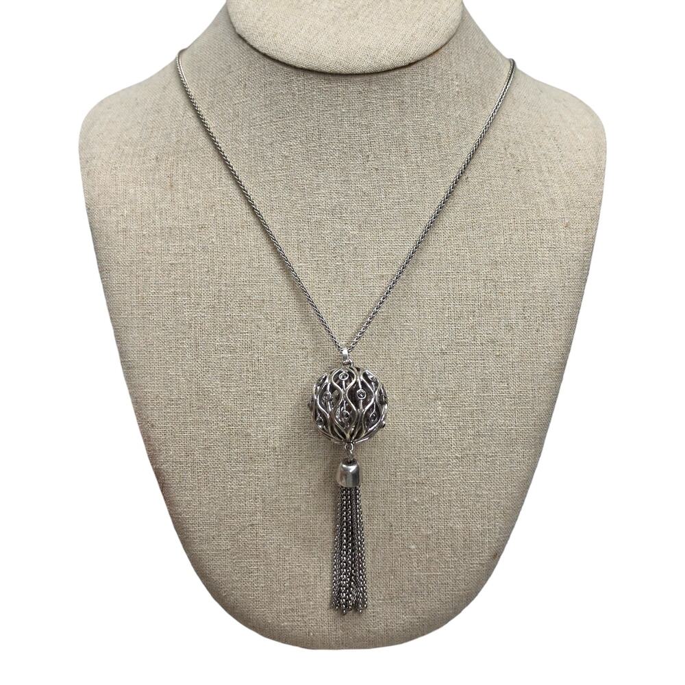 Lucky Brand Boho Silver Tone Filigree Orb Tassel Pendant Long Chain Necklace